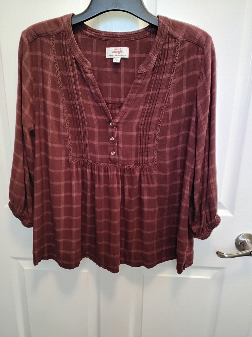 Wrangler Women's Burgundy Baby Doll Western Plaid Peasant Blouse Size XL